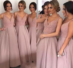 Pink V Neck Bridesmaid Dresses Sleeveless Elegant Satin A Line Floor Length Maid Of Honor Gowns Beaded Sexy Backless Plus Size Arabic Wedding Guest Party Dress AL9867