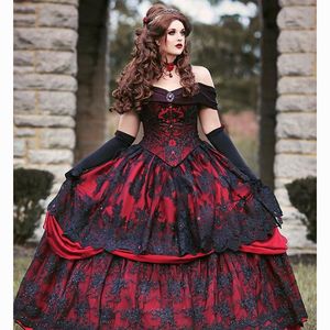 Gotiska röda svarta bröllopsklänningar vintage spetskorsett stropplöst skivored skönhet mantel de marie plus size brud klänningar2942