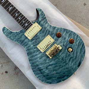 Stock privato Top in acero trapuntato Chitarra elettrica blu balena Intarsio con perle bianche, ponte tremolo, paletta Eagle, hardware dorato