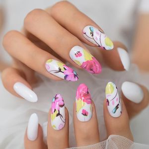 False Nails White Flowers Fake Designer Oval Medium Long Peony Daisy Pattern Faux Ongles Press On Round Nail Art Tips