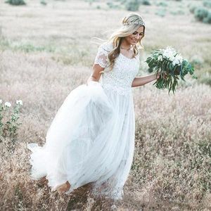 Simple Short Sleeves Country Tulle Wedding Dresses Top Lace Crew Neck A Line Long Bridal Gowns Boho Beach Wedding Dress Plus Size Vestidos