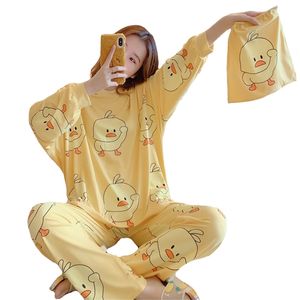 Conjunto de pijamas de flanela fofos para mulheres de inverno, pijamas de algodão com decote em bico e patos amarelos grossos, roupas para casa Y200708