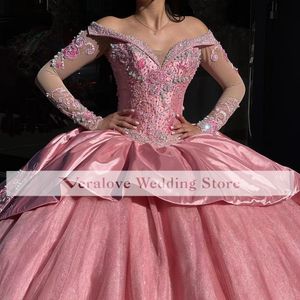 Розовые мексиканские Quinceanera платье 2022 с плеча Sweet 16 выпускных вечеринок платье уличные платья Vestidos de 15 Años XV Corset