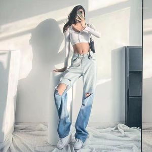 Women's Jeans 2021 Autumn High-Waisted Straight Color Gradient Ripped Long Trousers Loose Retro Baggy