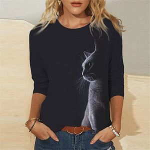 Осень смешная кошачья печать женская женская одежда круглой шеи повседневная леди футболка мода свободная негабаритная девушка Tops Tshirts Femme 220307