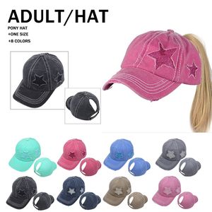 Solid Färg Stjärnmönster Ponytail Baseball Cap Washed Bomull Boll Cap Fashion High Messy Hat 8Styles RRA4054