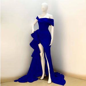 Blue Mermaid colaterais Dividir Prom Off The Shoulder Neck Custom Made vestidos de noite Trem da varredura Chiffon vestido formal