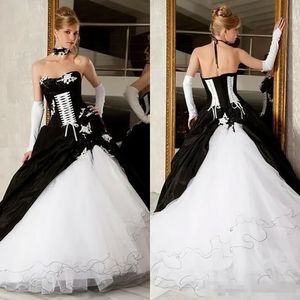 Vintage Schwarz-Weiß-Hochzeitskleider 2022, Ballkleid, Schnürung, Plus-Size-Korsett, viktorianische Gothic-Hochzeitskleider, Spitzenapplikationen, trägerloses Brautkleid nach Maß