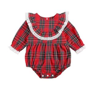 Lioraitiin 0-24M新生児の赤ちゃんの女の子のクリスマスロンスリーブチェック柄Peter Pan Collar Jumpsuit G1221