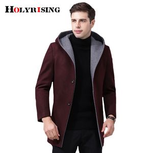 Homens de Holyrising Casacos de lã Virar Collar Capuz Homens Overcoat Slim Chaqueta Larga Quente Peacheat Casacos Zipper Menswear 19011-5 LJ201110