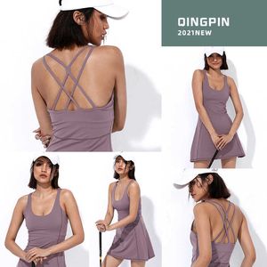 Vestido de yoga nu cor sólida terno saia de tênis feminino shorts calças conjunto de duas peças anti luz badminton vestido de fitness com ches2940