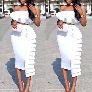 Women's 2 Piece Sets Crop Top and Skirt, Sexy Dinner Ruffles Off Shoulder Slim Jupes, Summer Backless Party Wear Suit T200702