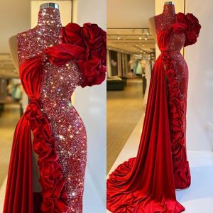 Neck High Red Mermaid Women's Evening Dresses Side Split Ruffle Celebrity Dress Paljetter Beading Vestido de Novia
