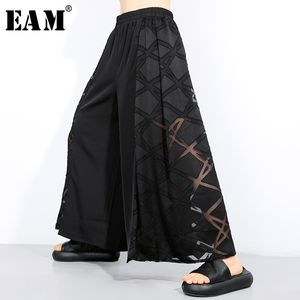 [EAM] Hohe elastische Taille Schwarzes Mesh Split lange breite Beinhose Neue Lose Fit Hosen Frauen Mode Gezeiten Frühling Sommer 2020 1U937 T200606