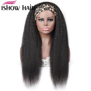 IsHow Yaki Straight Human Human Wigs com Headbands Long 28 30 polegadas de água do corpo Headband peruca solta profundamente encaracolada nenhuma perucas de renda para mulheres todas as idades cor natural