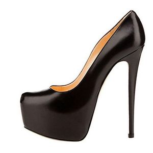 Frauen Geschlossene rote Böden dünne High Heels Schuh Runde Zehen schwarz Matte Leder Platform 16cm sexy Stiletto Hochzeitsfeierkleid Schuhe