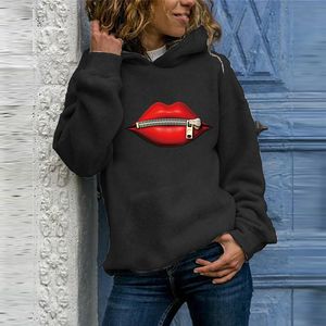 Kvinnors Tröjor Zip Lips Print Kvinnor Lätt Lång Älskar Casual Pullover Hooded Höst Vinter Harajuku Sweatshirt