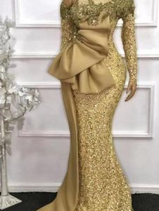 2022 Elegant Afrikansk stil Lace Mermaid Evening Dresses Plus Size Sequins Långärmad Beaded Prom Party Gowns Robe de Soiree BC11139 XU