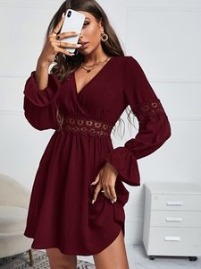 Guipure Lace Insert Flounce Sleeve Dress SHE