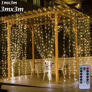 3mx3m 300 LED 커튼 조명 낭만적 인 크리스마스 웨딩 장식 야외 icicle 문자열 라이트 원격 제어 8 모드 USB 램프 Y200903