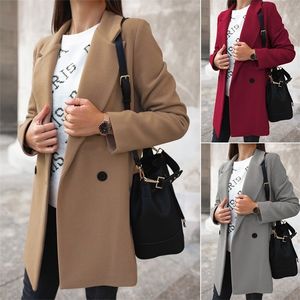 2020 Herbst/Winter Solide Frauen Jacke Langarm Zweireiher Blazer mit Wollmantel für Frauen Street Fashion Slim Mäntel LJ201201