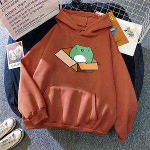 Box Frog Cartoon Print Felpa con cappuccio Uomo Felpe in pile Harajuku Anime Pullover con cappuccio allentato Moda Hip Hop Streetwear Pullover H1227