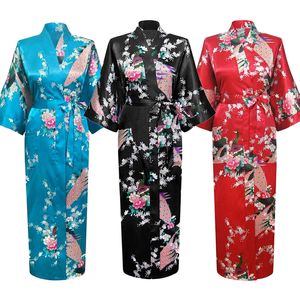 Lång stil Lös Japansk Satin Påfågel Kvinna Yukata Dress Sleepwear Oriental Kimono Haori Kinesiska Qipao Nightgown Robe LJ200826