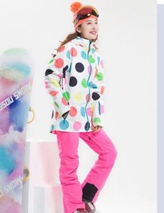 Bib Impermeables al por mayor-Mujeres impermeables Ropa de esquí Femenino Invierno Outdoor Sportwear Skiwear Chaqueta de esquí blanca y pantalones rosados con correas Bib Pants1