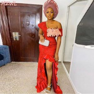 Sexy Off The Shoulder Red Prom Dresses 2021 Aso Ebi African Lace Appliques High Low Evening Gowns Girls Formal Party Dress