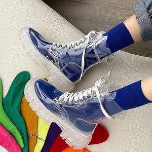 Transparent Martin Boots Crystal Bottom Lace-up Booties Casual Platform Shoes Tjock-Soled Women's Fashion Rainboots