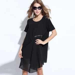 02389# Jry Neue Frühlingsfrauen Mode unregelmäßige Kleider runden Kragen Kurzarm Kleid Dame Solid Farbe Lose Chiffon Casual Kleid l xl