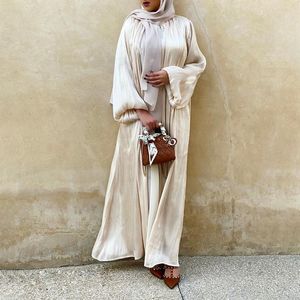 Kadın Moda Parlak Hijab Puf Kollu Müslüman Elbise Eid Djellaba Abaya Dubai Saten Türkiye İslam Abayas