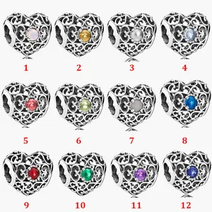 Fine jewelry Authentic 925 Sterling Silver Bead Fit Charm Bracelets Heart-shaped Hollow Pendant for Birthday in December Safety Chain Pendant DIY beads