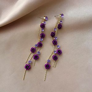 Long Fringe Rose Flowers Rhinestone Dangle Earrings South Korea Celebrity Super Fairy Temperament Fashion Earings Delicate Red Purple Earring