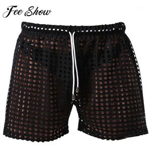 Mäns Shorts Partihandel - Sexiga män Hollow Out Drawstring Lounge Mens Casual Loose Solid See Genom Andningsbar och Comfy Sz M-L1