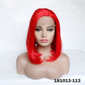 113 Röd fullt rak syntetiskt hår spetsfront bob peruker simulering mänskliga hår peruk pelucas av dhl