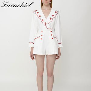 Elegante v neck morango bordado mulheres playsuit romper manga longa bolso saltos de verão senhoras senhoras doces macacões branco t200704