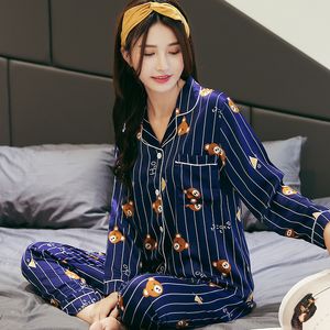 Hot 2019 Spring Autumn Womens Pajama Sats V-Neck Cartoon Långärmad Kvinnor Sleepwear Pyjamas Girls NightGown for Woman Plus Y200708