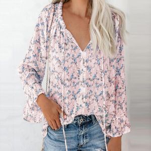 Women's Blouses & Shirts Women Blouse Shirts Floral Print Flare Long Sleeve Quick Drying V Neck Lace Up Pullover Casual Streetwear