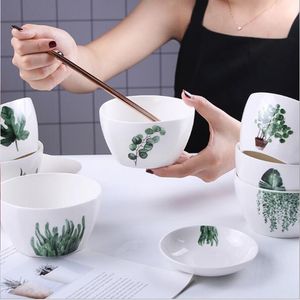 Nordic Green Plant Square Bowl Household Rice Bowl Ceramic Tableware Creative Porcelain Salad Dish Eating Bowl 1pc 201214