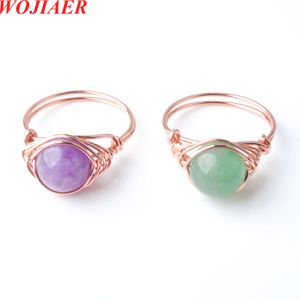 Wojiaer Rose Gold Color Wire Wrap Quartz Ring Round Bead Stone Crystal For Women Jewelry 19mm (0,75 
