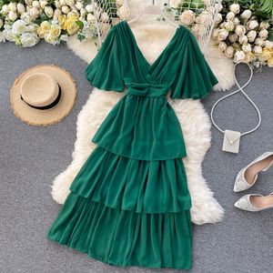 Vestido de festa de verão moda feminina sexy decote em v retalhos camada vestidos senhoras elegante sem costas chiffon vestido mujer 2022