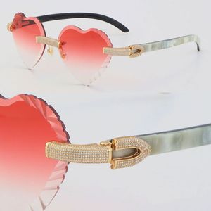 Neue randlose Sonnenbrille aus Metall mit Mikropavé und Diamanten für Damen und Herren, innen weiß, schwarzes Büffelhorn, Sonnenbrille aus Holz, Rahmen für Männer und Frauen, 18 Karat Gold, fantasievolle Brillen