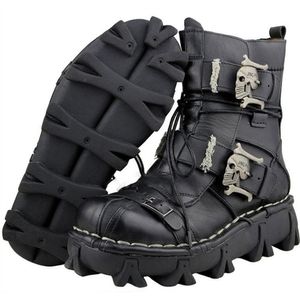 Herren -Kuhläden mit echtem Leder Motorradschuhen Militärkampfstiefel Gothic Skull Punk Stiefel