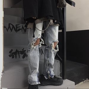 분할 지퍼 힙합 Streetwear 여성 / 남성 빈티지 솔리드 찢어진 구멍 슬림 연필 데님 바지 조깅 패션 플러스 크기 높은 허리 T200422