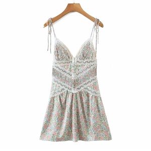 YENKYE Sexy Lace Patchwork Floral Print Sling Dress Women Backless V Neck A-line Summer Beach Female Holiday Short Robe 220210