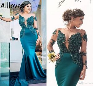 Hunter Blue African Evening Dresses Mermaid Illusion Long Sleeves Lace Beading Prom Party Gowns Arabic Satin Court Train Vintage Women Vestidos De Festa CL0086