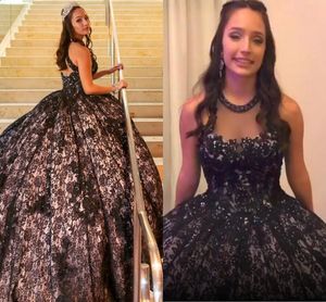 2021 Black Lace Quinceanera Dress Ball Gowns Prom Beaded Halter Top Keyhole Backless Formal Evening Gowns Vintage Sweet 16 Dress Plus Size