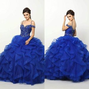 Royal Blue Beaded Prom Dresses Ball Gown Sweet 16 Masquerad Dress Off the Shoulder Blue Luxury Quinceanera Dress