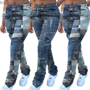 Spring Women Fashion Printed Drawstring Up Stacks Leggings Casual Jeans Trend Pile of Pants